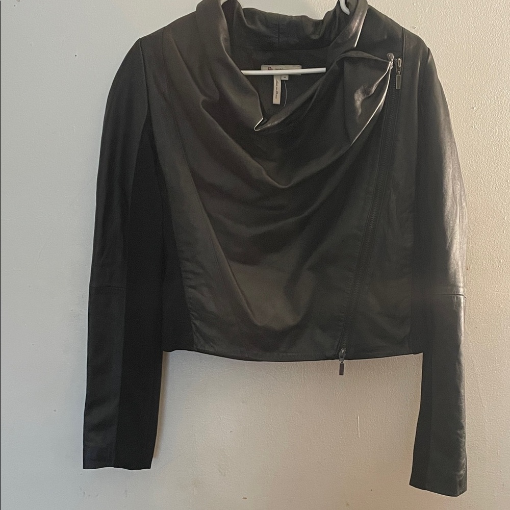BCBGeneration Asymmetrical cowl neck Black Leather jacket.